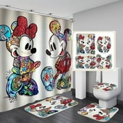 Mickey 4Pcs Shower Curtain Set with Non-Slip Rugs, Toilet Lid Cover and Bath Mat, Waterproof Polyester Fabric Bathroom 72 x 72inch